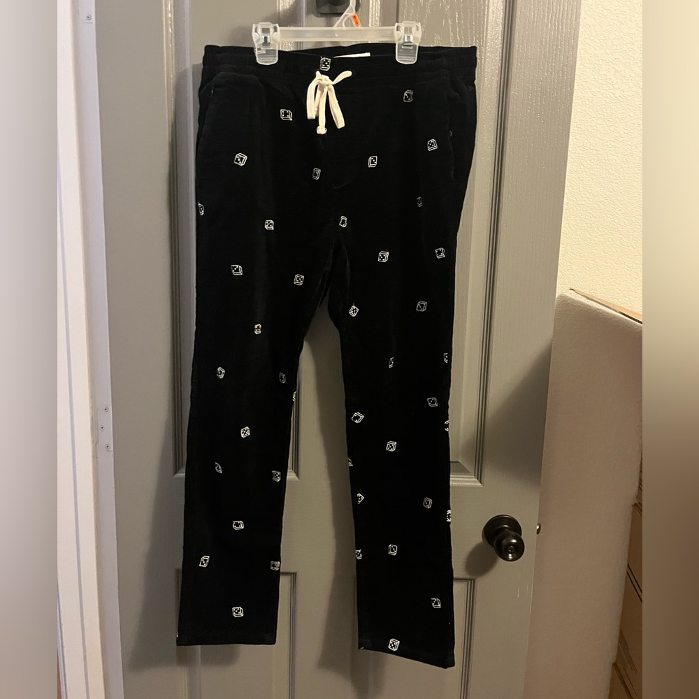 Black Corduroy with White Drawstring and Dice Pattern